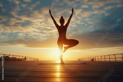 A Woman Practicing Yoga at Sunset on a Coastal Boardwalk for a Balanced Lifestyle