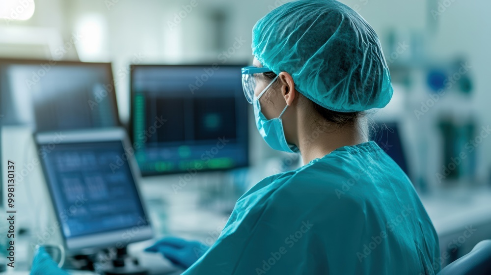 Medical professional in scrubs analyzing data on multiple screens in a modern healthcare setting. Medical professional in scrubs analyzing data on multiple screens in a modern healthcare setting.