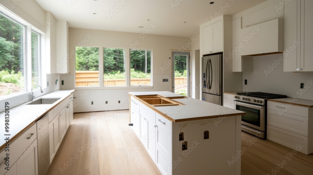 Modern kitchen interior with white cabinets and wooden flooring, bright windows overlooking green scenery.