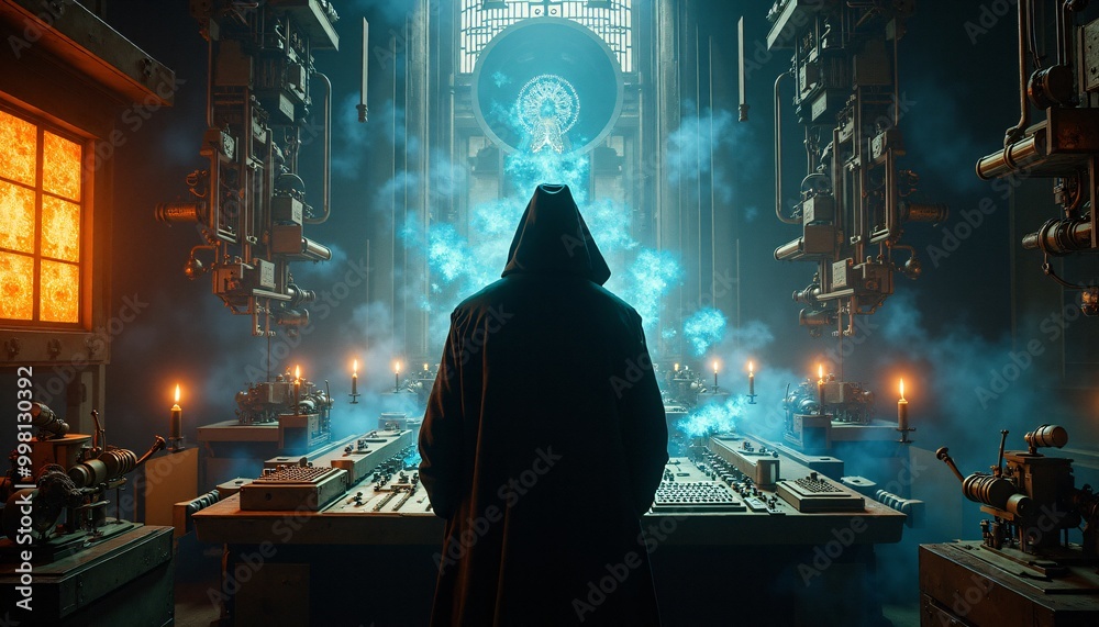 A person, cloaked in shadow, working within a room filled with complex, glowing machinery. A person, cloaked in shadow, working within a room filled with complex, glowing machinery.