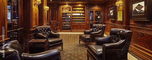 A sophisticated cigar lounge with dark leather chairs, wooden paneling, and a walk-in humidor visible in the background