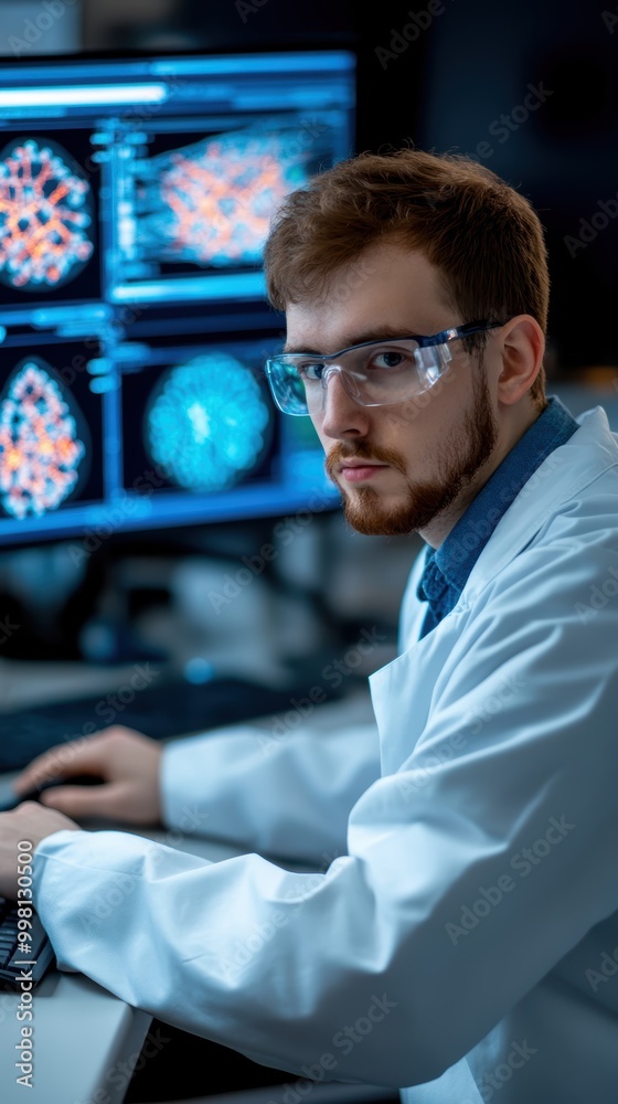 Scientist in lab coat working on advanced computer technology analysis. Scientist in lab coat working on advanced computer technology analysis.