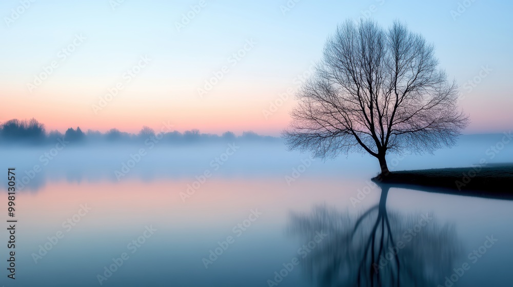 Serene landscape featuring a lone tree reflected in calm waters at dawn, surrounded by misty hues of blue and pink. Serene landscape featuring a lone tree reflected in calm waters at dawn, surrounded by misty hues of blue and pink.