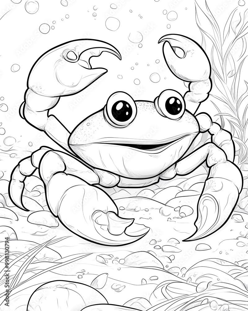A crab is sitting on a rock in the ocean. The crab has a big smile on its face A crab is sitting on a rock in the ocean. The crab has a big smile on its face