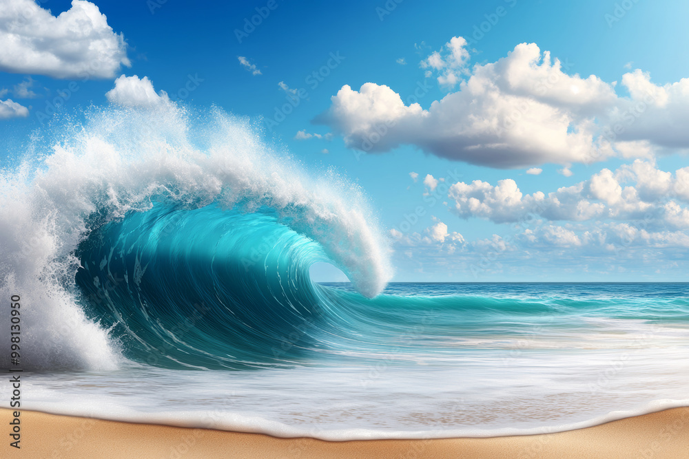Φωτογραφία Ocean's Majesty: A breathtaking digital painting of a massive, turquoise wave curling over a sandy beach under a vibrant blue sky dotted with fluffy white clouds