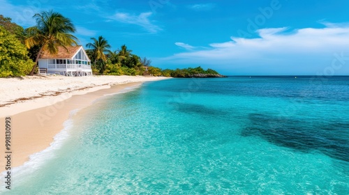 Stunning tropical beach with clear turquoise water, golden sand, and a picturesque house amidst lush greenery under a bright blue sky.