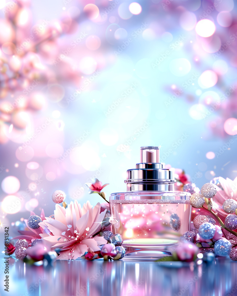 A bottle of perfume is surrounded by flowers and is placed on a table. The flowers are pink and the bottle is clear. The image has a soft and delicate feel to it, with the perfume bottle A bottle of perfume is surrounded by flowers and is placed on a table. The flowers are pink and the bottle is clear. The image has a soft and delicate feel to it, with the perfume bottle