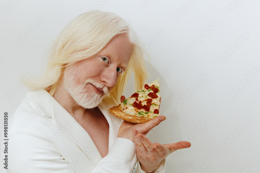 cheerful man with white hair holding a slice of pizza against a plain white background, showcasing enjoyment and fun around food, perfect for food related concepts and lifestyle imagery cheerful man with white hair holding a slice of pizza against a plain white background, showcasing enjoyment and fun around food, perfect for food related concepts and lifestyle imagery