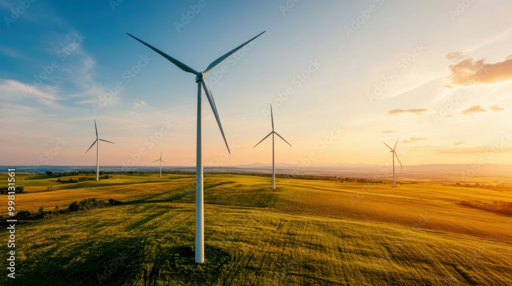 Obraz premium Wind turbines on a vast green field under a vibrant sunset sky, symbolizing renewable energy and sustainable living.