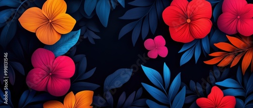 Vibrant floral pattern with colorful hibiscus flowers and leaves on a dark background.