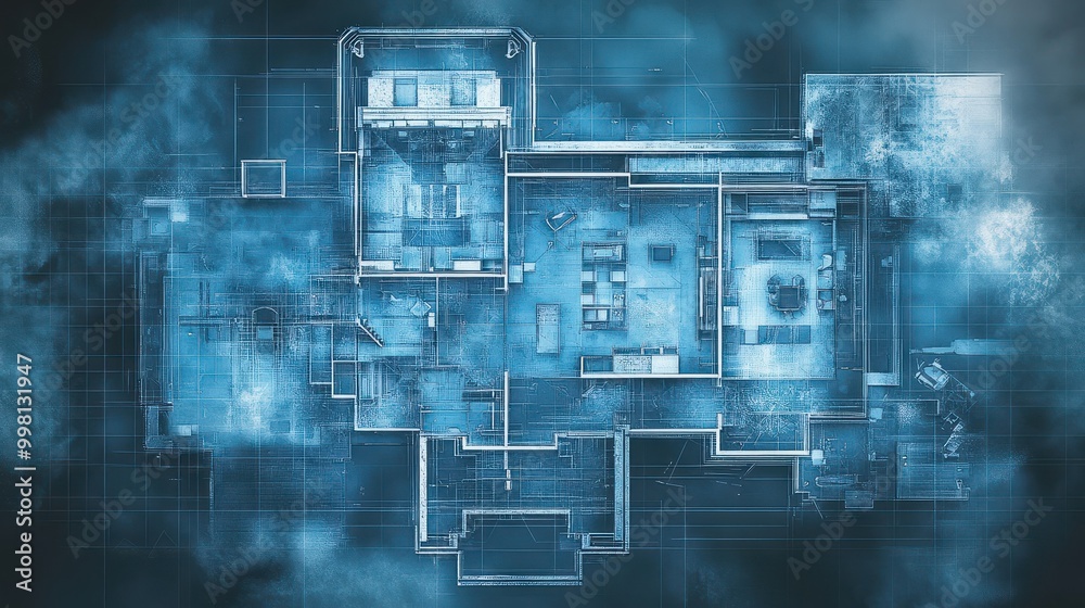 Fototapeta premium Detailed architectural blueprint showcasing floor plans with a digital, futuristic design in cool blue tones.