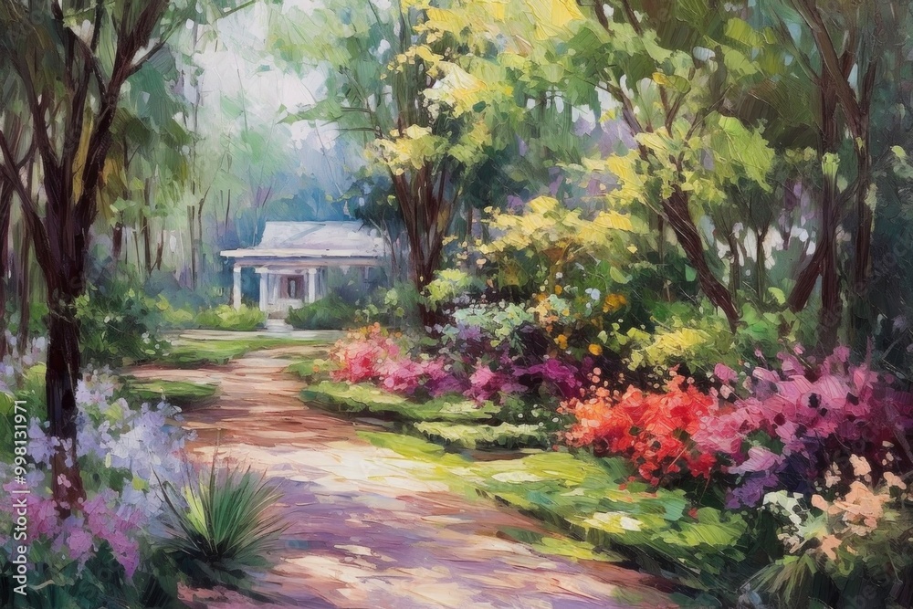 A serene garden path leading to a charming house surrounded by flowers. A serene garden path leading to a charming house surrounded by flowers.