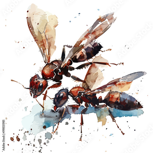 Watercolor drawing of Winged ant, isolated on a white background, and Winged ant vector