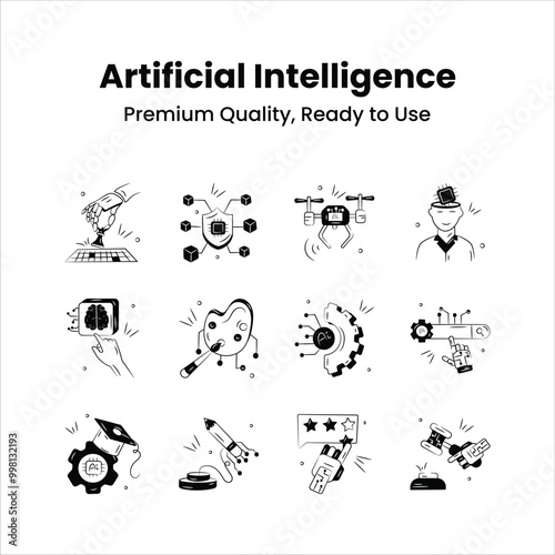 Collection of artificial intelligence icons in trendy doodle style