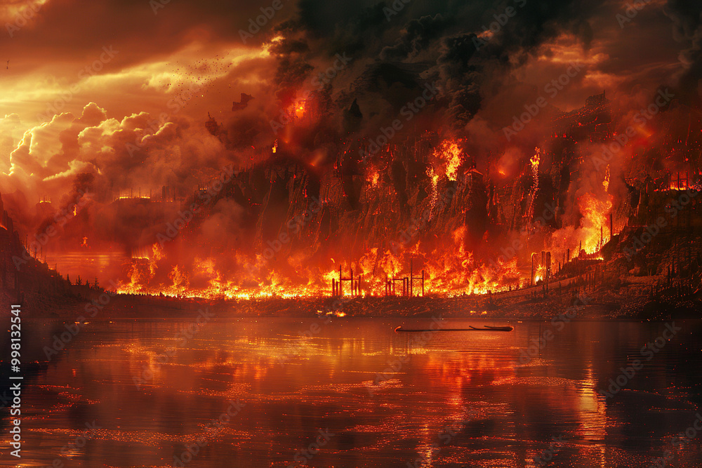 Scary sinister devil is in hell with dramatic fire lighting on the background Scary sinister devil is in hell with dramatic fire lighting on the background