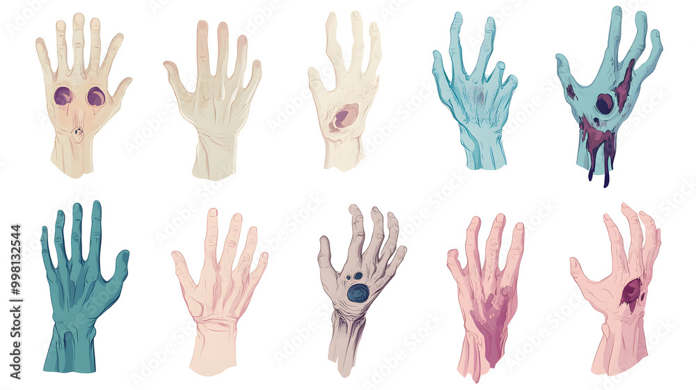 Simple pastel zombie hand set of icons with smooth lines and soft tones placed on a clean background Simple pastel zombie hand set of icons with smooth lines and soft tones placed on a clean background