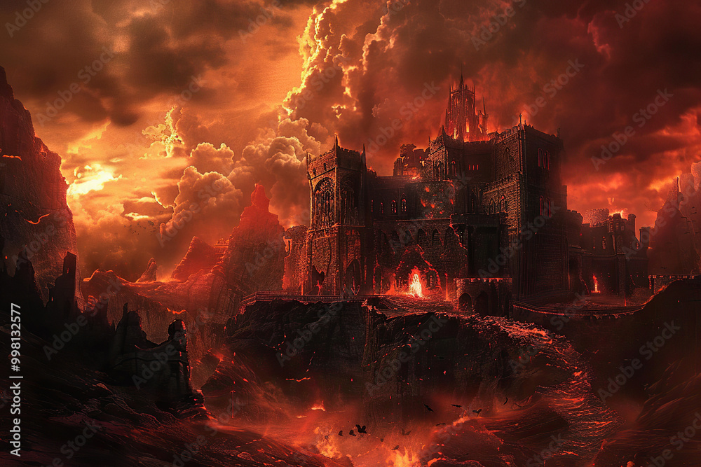 Scary sinister devil is in hell with dramatic fire lighting on the background Scary sinister devil is in hell with dramatic fire lighting on the background