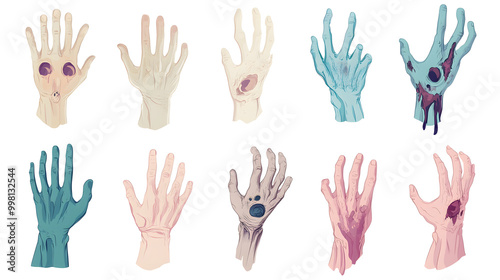 Simple pastel zombie hand set of icons with smooth lines and soft tones placed on a clean background