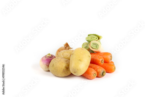 carrots leek onion turnip and sweet potato soup vegetables raw isolated on white background 