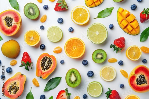 Fruit flat lay creative layout on white background.