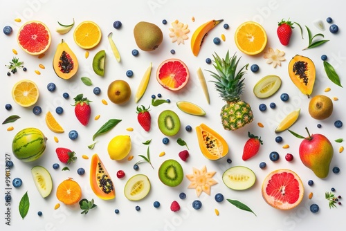 Fruit flat lay creative layout on white background.