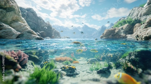 Underwater View of a Mountainous Coastal Inlet with Fish and Coral