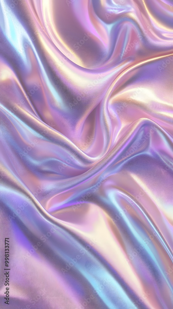 Obraz premium A close-up of an iridescent holographic satin cloth, with soft curves and gentle folds that undulate in the wind