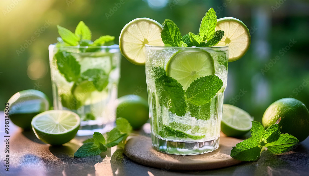 Two refreshing glasses of mojito, adorned with lime slices and mint leaves, bathed in warm sunlight Two refreshing glasses of mojito, adorned with lime slices and mint leaves, bathed in warm sunlight