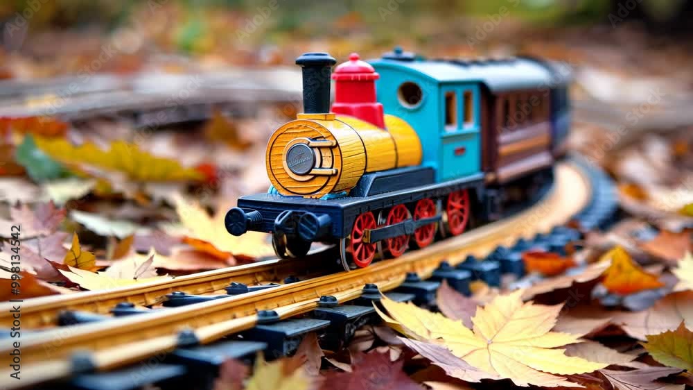 A toy train is on a track with leaves on the ground. The train is yellow and blue