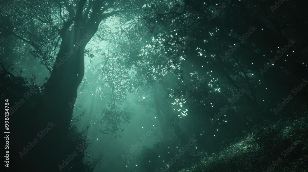 A Foggy Forest With Glowing Lights and Silhouetted Trees A Foggy Forest With Glowing Lights and Silhouetted Trees