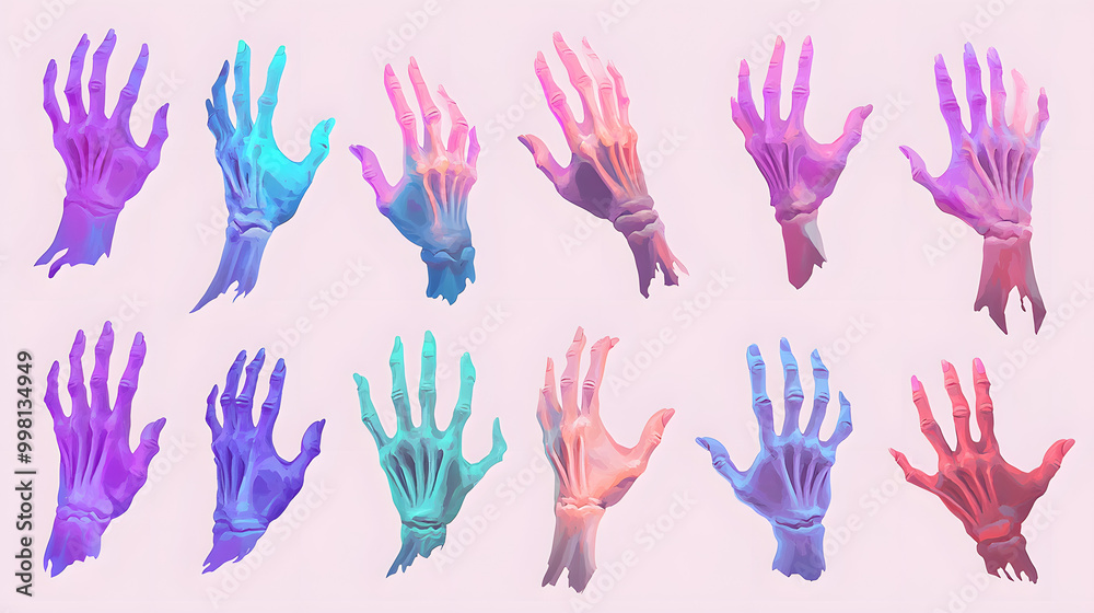 Simple pastel zombie hand set of icons with smooth lines and soft tones placed on a clean background Simple pastel zombie hand set of icons with smooth lines and soft tones placed on a clean background
