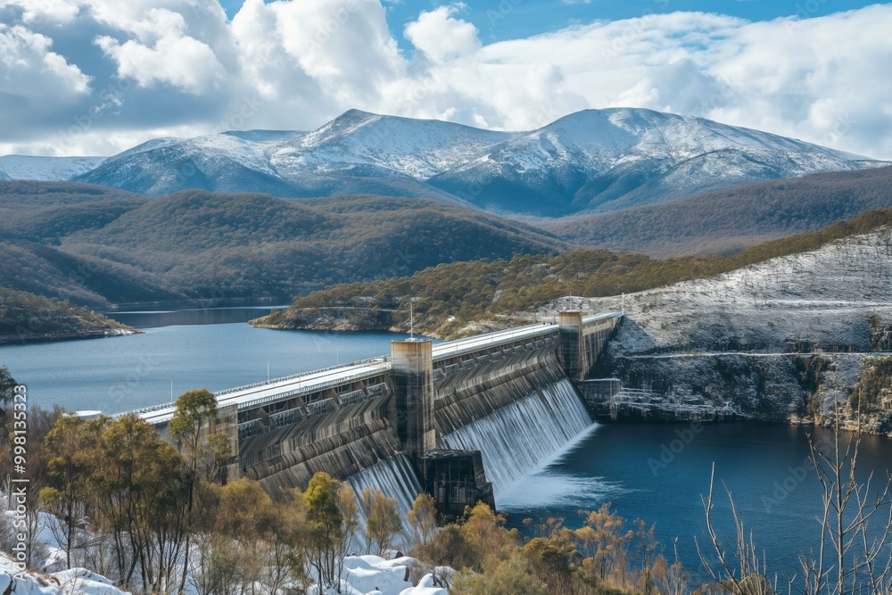 Water flowing from the dam at the snowy hydro scheme in new south wales, Australia, surrounded by a snowy mountain landscape Water flowing from the dam at the snowy hydro scheme in new south wales, Australia, surrounded by a snowy mountain landscape