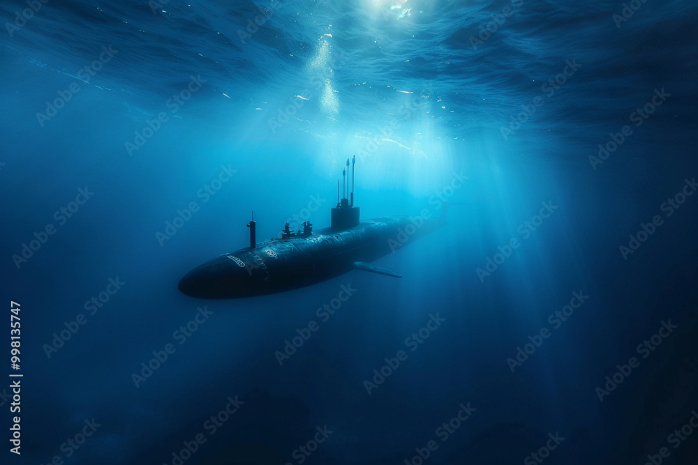 Beautiful large submarine floating in middle of ocean during mission Beautiful large submarine floating in middle of ocean during mission
