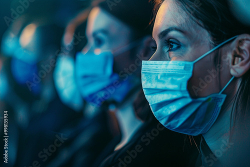 Covid global sefety campaign, Generative AI photo of people in protective facial mask quarantine pandemia photo