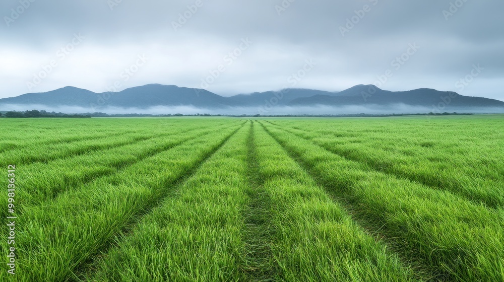Naklejka premium Green Meadow with Mountains in the Distance