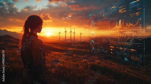 Woman looking at a futuristic display with wind turbines in the background, at sunset.