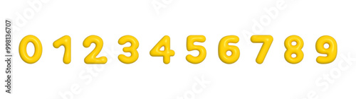 Yellow 3d plastic inflated balloon Y2K style numbers isolated on white background