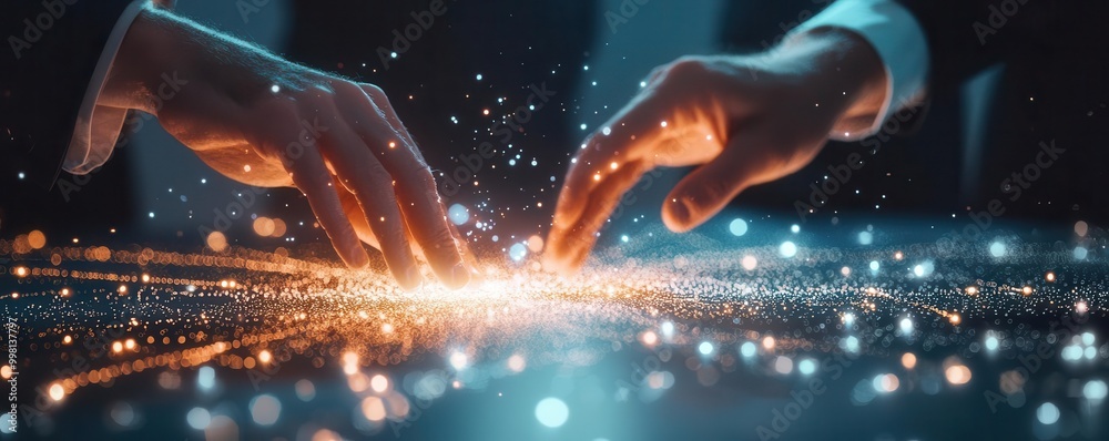 Two hands interacting with a glowing digital interface filled with sparks. Two hands interacting with a glowing digital interface filled with sparks.