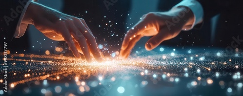 Two hands interacting with a glowing digital interface filled with sparks.