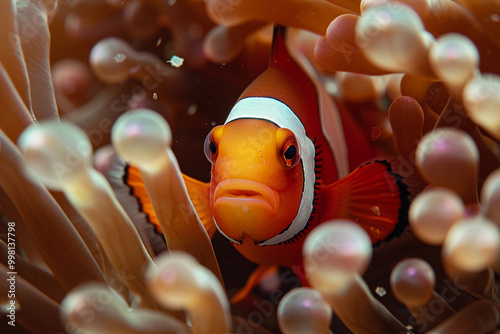 A fantastically beautiful bright clownfish swims in sea among the corals