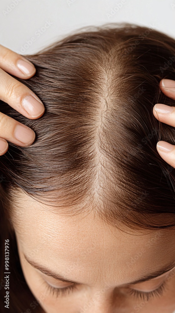 Obraz premium Woman assessing hair condition, natural light.