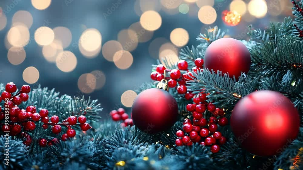 A Christmas tree with red berries and red balls. The tree is surrounded by a blue background. Scene is festive and joyful