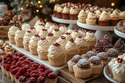 A festive spread of cupcakes with white frosting and red berries, arranged on tiered platters for a holiday party or gathering.