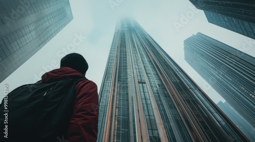 A Person Looking Up At A Tall Skyscraper In A City