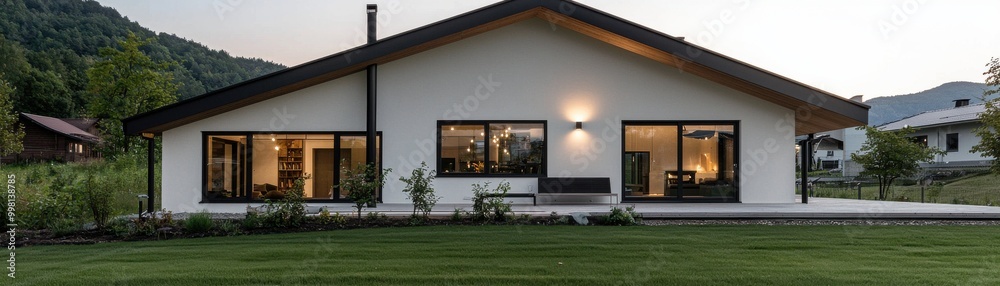 Modern home exterior at dusk, featuring large windows and a charming landscape. Ideal for showcasing contemporary architecture. Modern home exterior at dusk, featuring large windows and a charming landscape. Ideal for showcasing contemporary architecture.