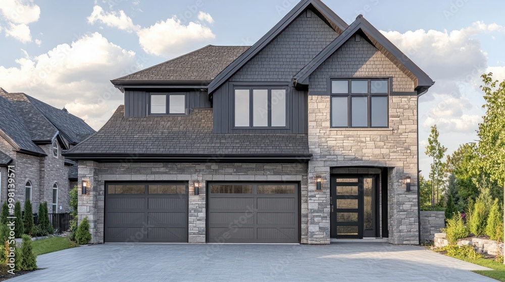 A home s exterior showcasing gray double garage doors and a stone wall with plenty of copy space for images A home s exterior showcasing gray double garage doors and a stone wall with plenty of copy space for images