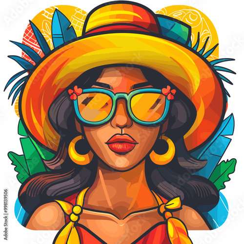 A woman wearing a yellow hat and sunglasses. She is smiling and has a red lip. The image has a tropical vibe with bright colors and a beachy atmosphere Latino American style