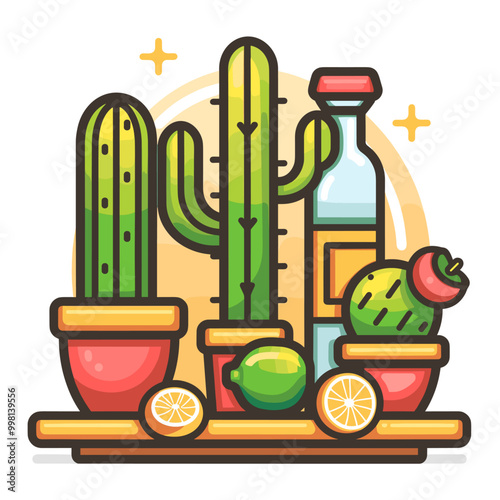 A cactus with a bottle of tequila and a lime in a pot. The bottle of tequila is on the right side of the cactus Latino American style
