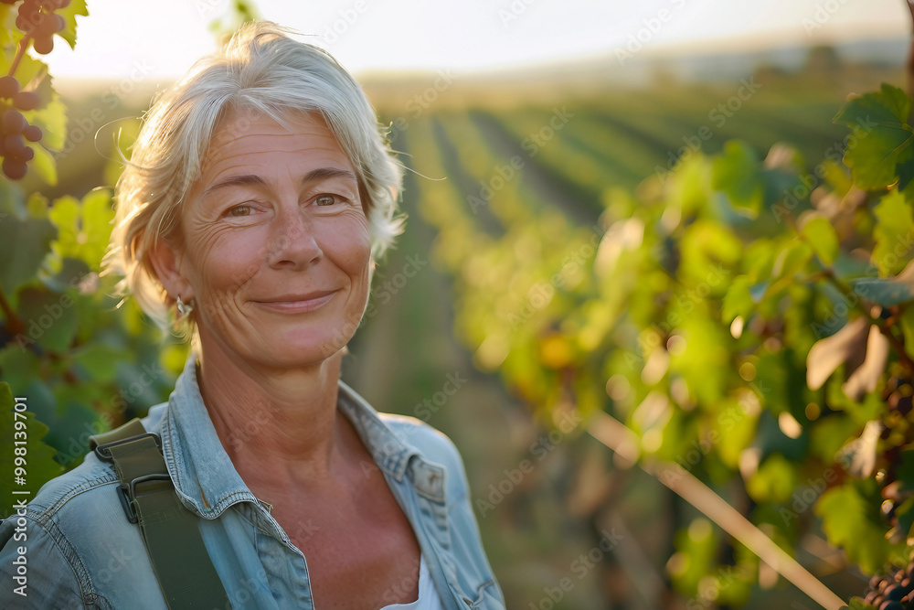 Generative AI portrait of a smiling woman in a vineyard Generative AI portrait of a smiling woman in a vineyard