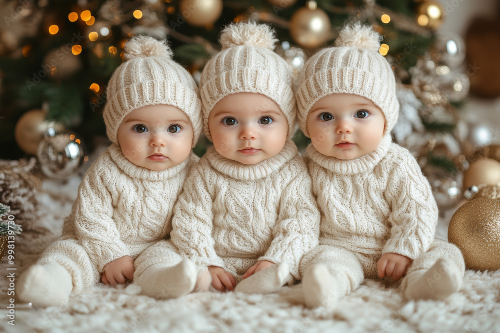 Triplets. Three cute baby triplets in white knitted hats on Christmas tree background. Triplets. Three cute baby triplets in white knitted hats on Christmas tree background.